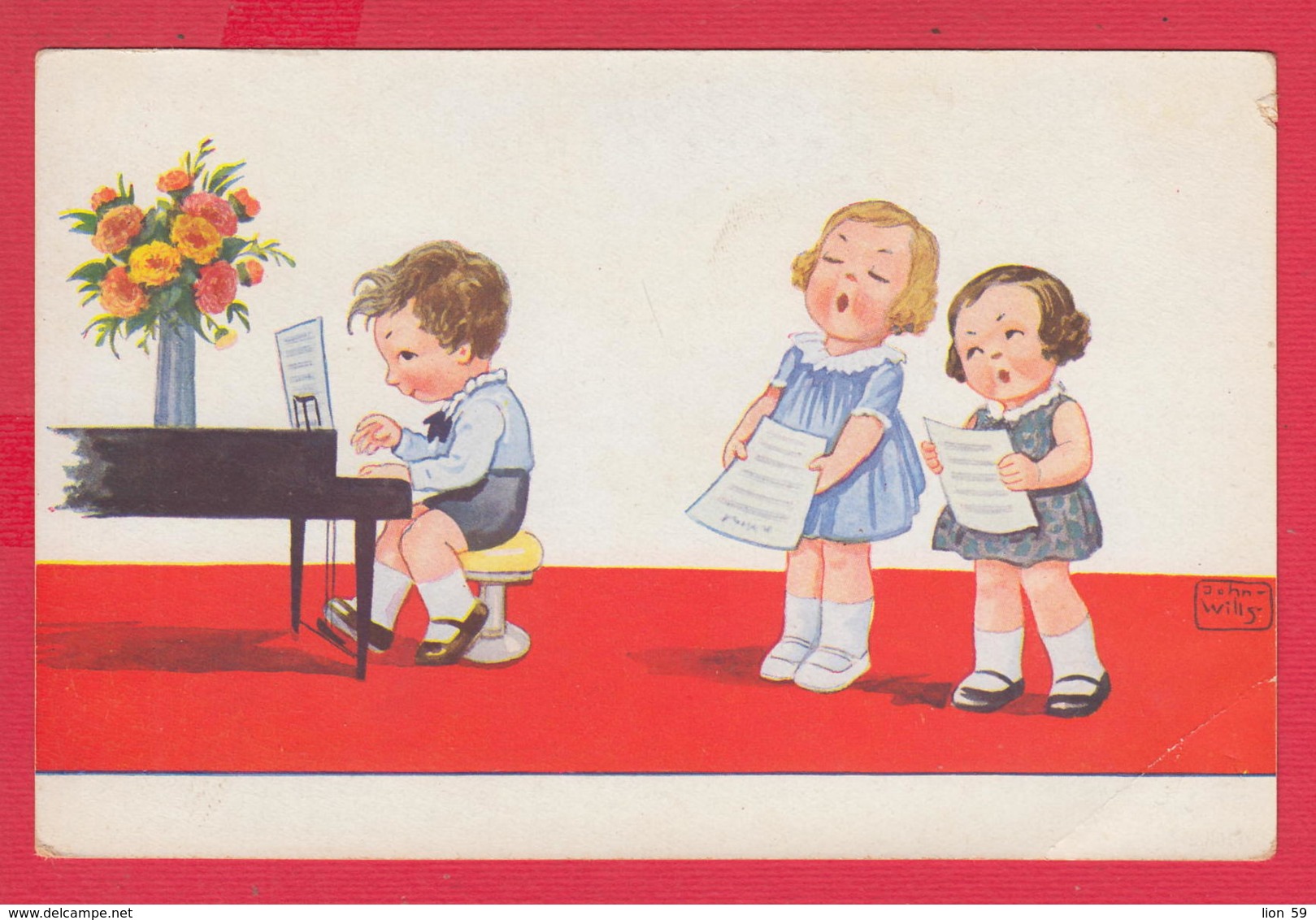 250296 / Illustrator John Wills Art - Music Boy Piano Girls Song Flowers - Wills, John