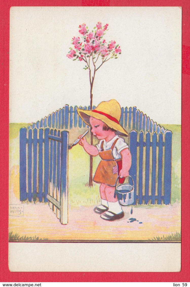 250297 / Illustrator John Wills Art - Tree Girl Paints The Fence Postcard - Wills, John