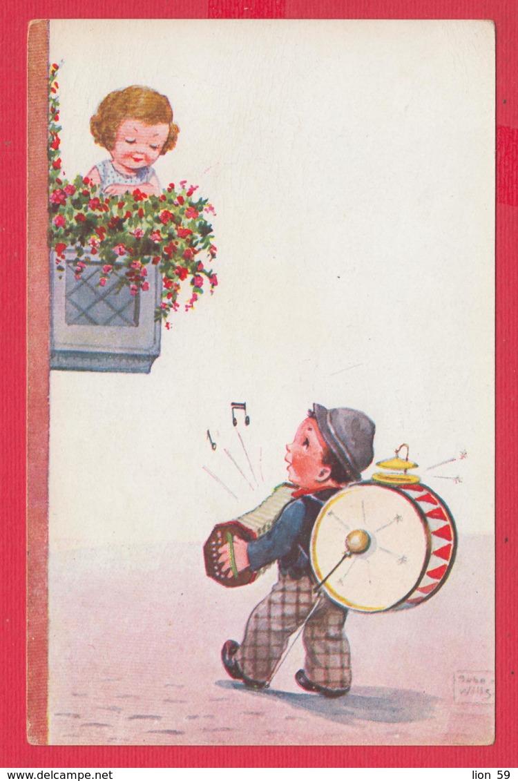 250298 / Illustrator John Wills Art - Serenade Boy Drum Accordion, Girl On The Balcony ,  Postcard - Wills, John