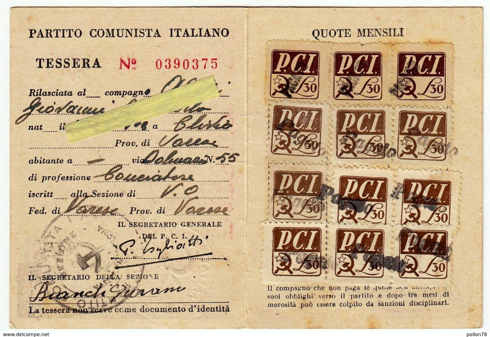 TESSERA PARTITO COMUNISTA ITALIANO - P.C.I. - 1948 - Sez. Di VALLE OLONA - VARESE - Vedi Scansioni - Historical Documents