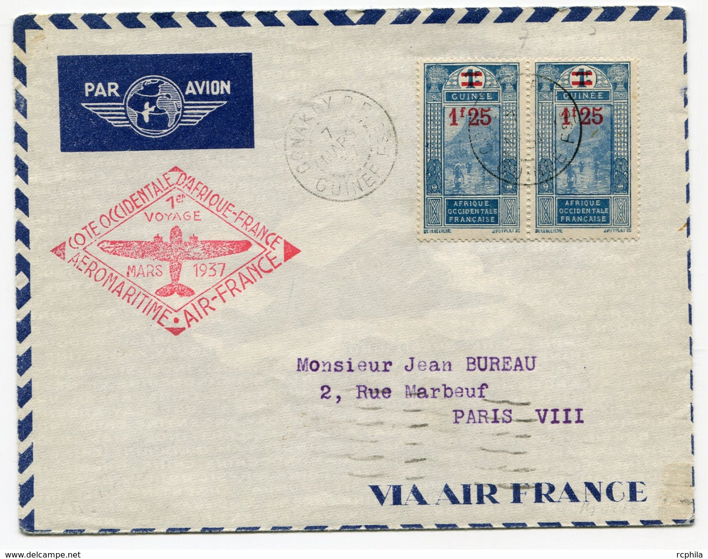 RC 18476 GUINÉE 1937 LETTRE 1er VOYAGE AIR FRANCE SERVICE AÉRIEN COTE OCC D'AFRIQUE - FRANCE > PARIS 1er VOL FFC - TB - Cartas & Documentos