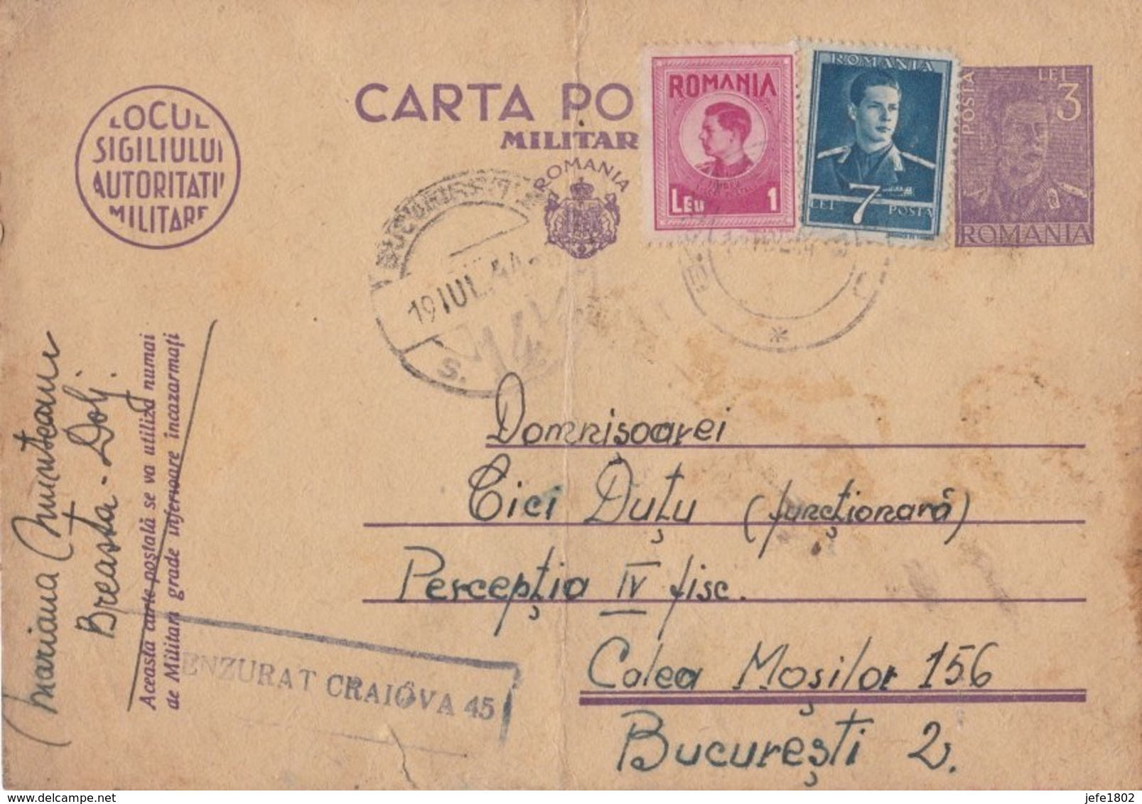 WO II - Carta Postala - Militara Gratuita - 11 Lei - Vrijstelling Van Portkosten
