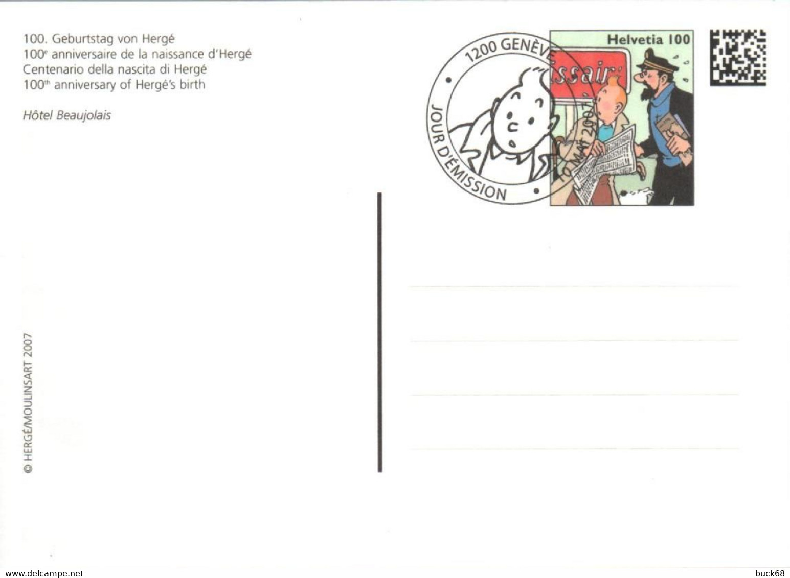 SUISSE 2007 Centenaire HERGE 100 Ans Cachet GENEVE / Carte Entier Postal Tintin Haddock Visuel Hôtel Beaujolais Autobus - Comics