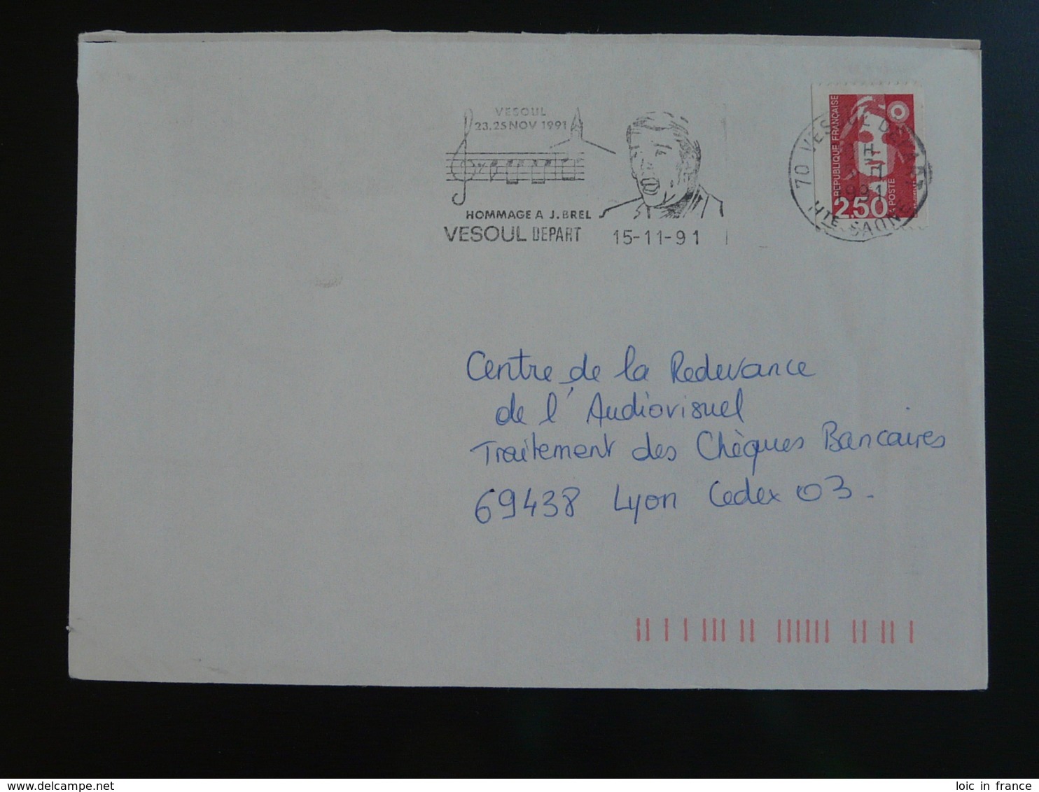 70 Haute Saone Vesoul Jacques Brel 1991 - Flamme Sur Lettre Postmark On Cover - Zangers