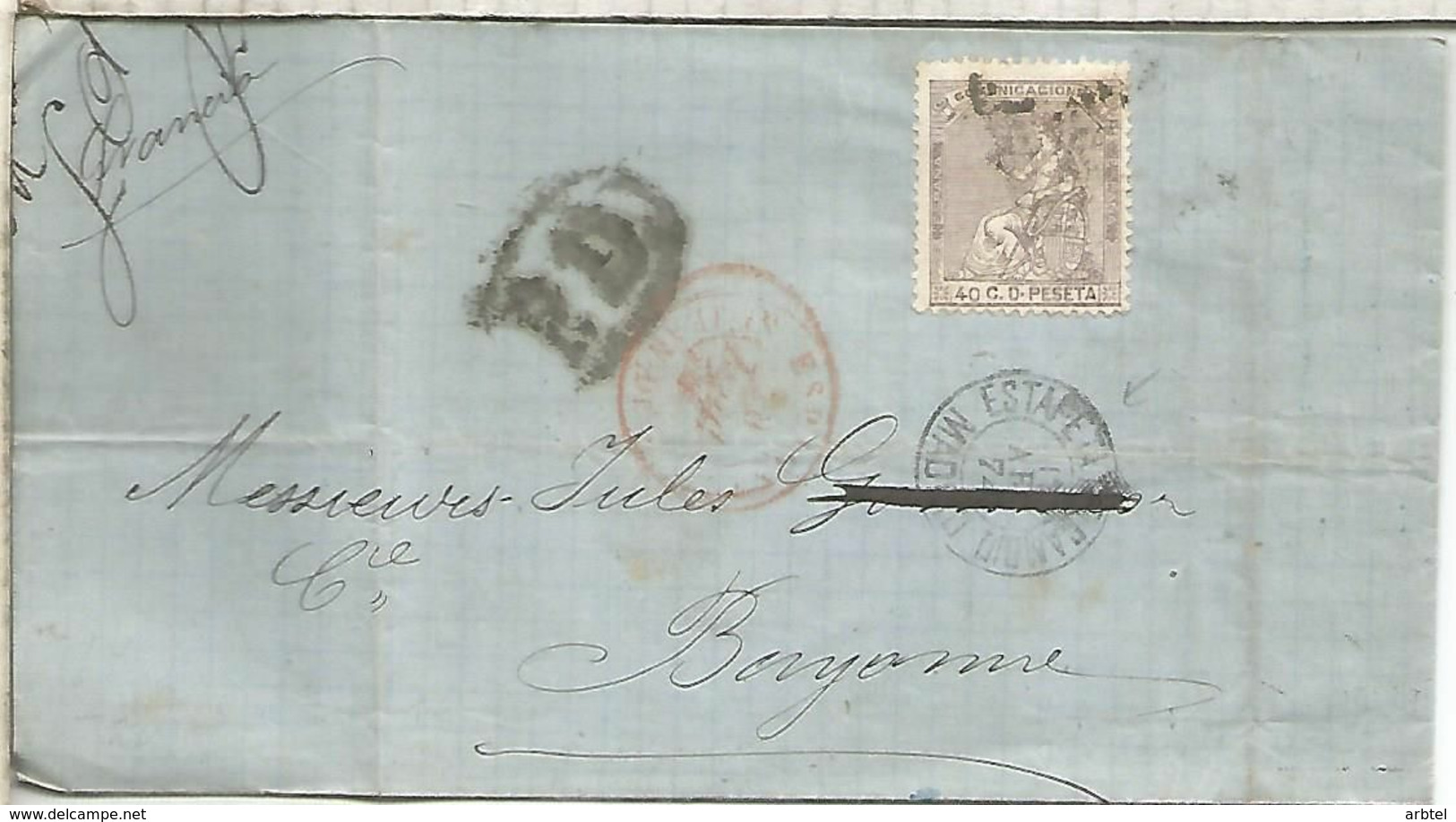 ENVUELTA DE MADRIS A BAYONNE FRANCIA 1874 SELLO 40 CTS - Covers & Documents