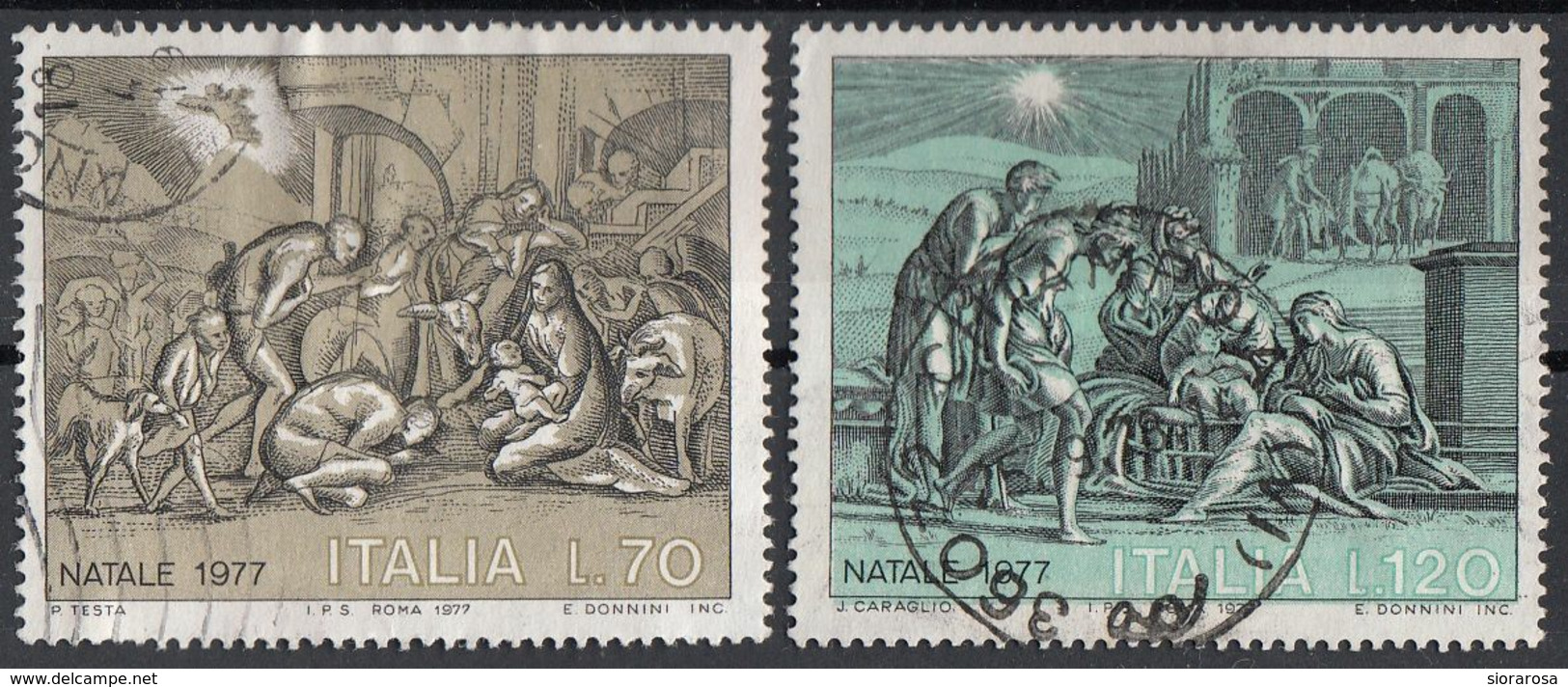 Italia 1977 Uf. 1399-1400 "Adorazione Dei Pastori" Incisioni Di P. Testa E G.J. Caraglio Used Natale Christmas Barocco - Grabados