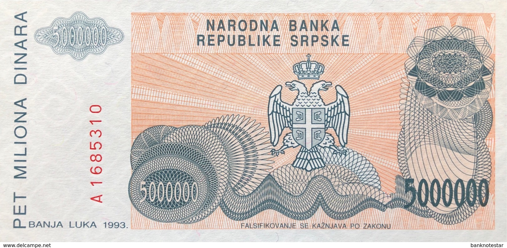 Bosnia 5.000.000 Dinara, P-156 (1993) - UNC - Bosnia Y Herzegovina