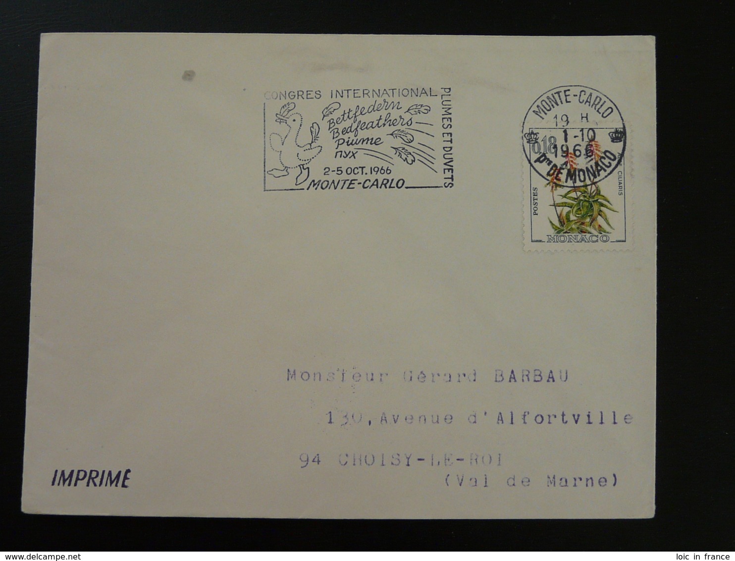 98 Monaco Congrès Plumes Et Duvets 1966 - Flamme Sur Lettre Postmark On Cover - Oblitérations & Flammes