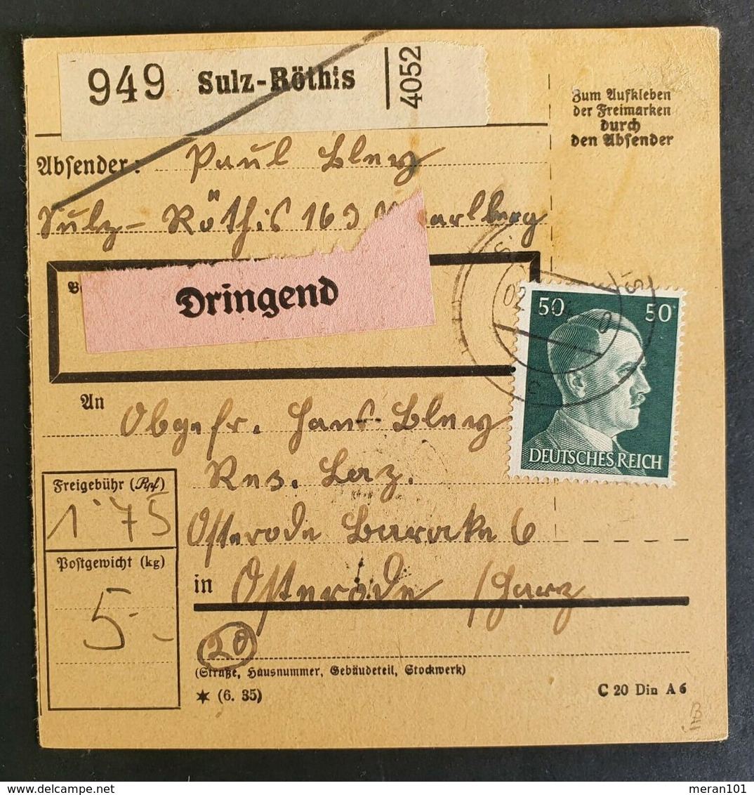 Deutsches Reich 1944, Paketkarte "Dringend" MiF SULZ-RÖTHIS Gelaufen - Covers & Documents