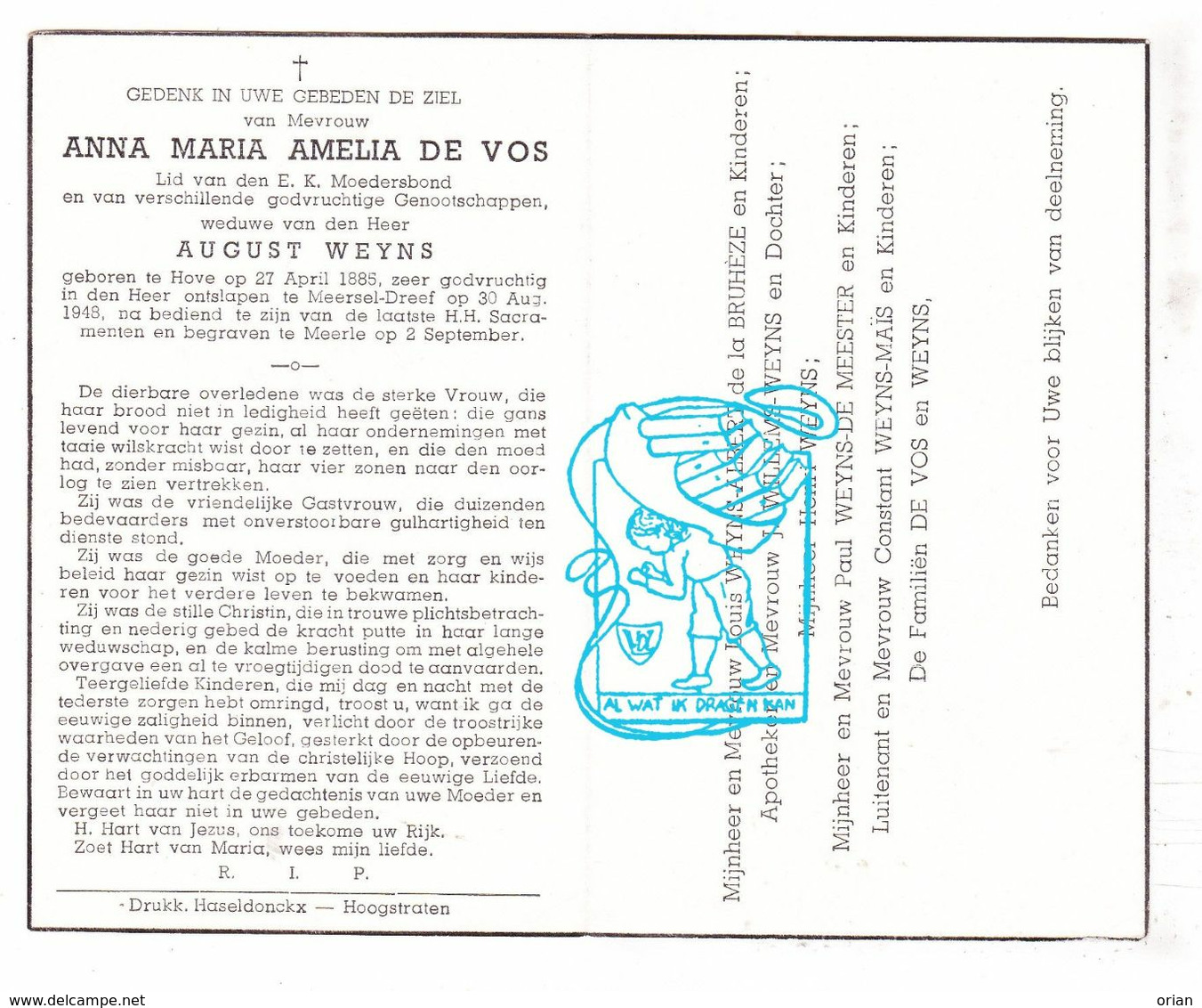 DP Anna M. De Vos ° Hove Antwerpen 1885 † Meersel-Dreef Hoogstraten 1948 X August Weyns / De La Bruhèze Willems Maïs - Devotion Images