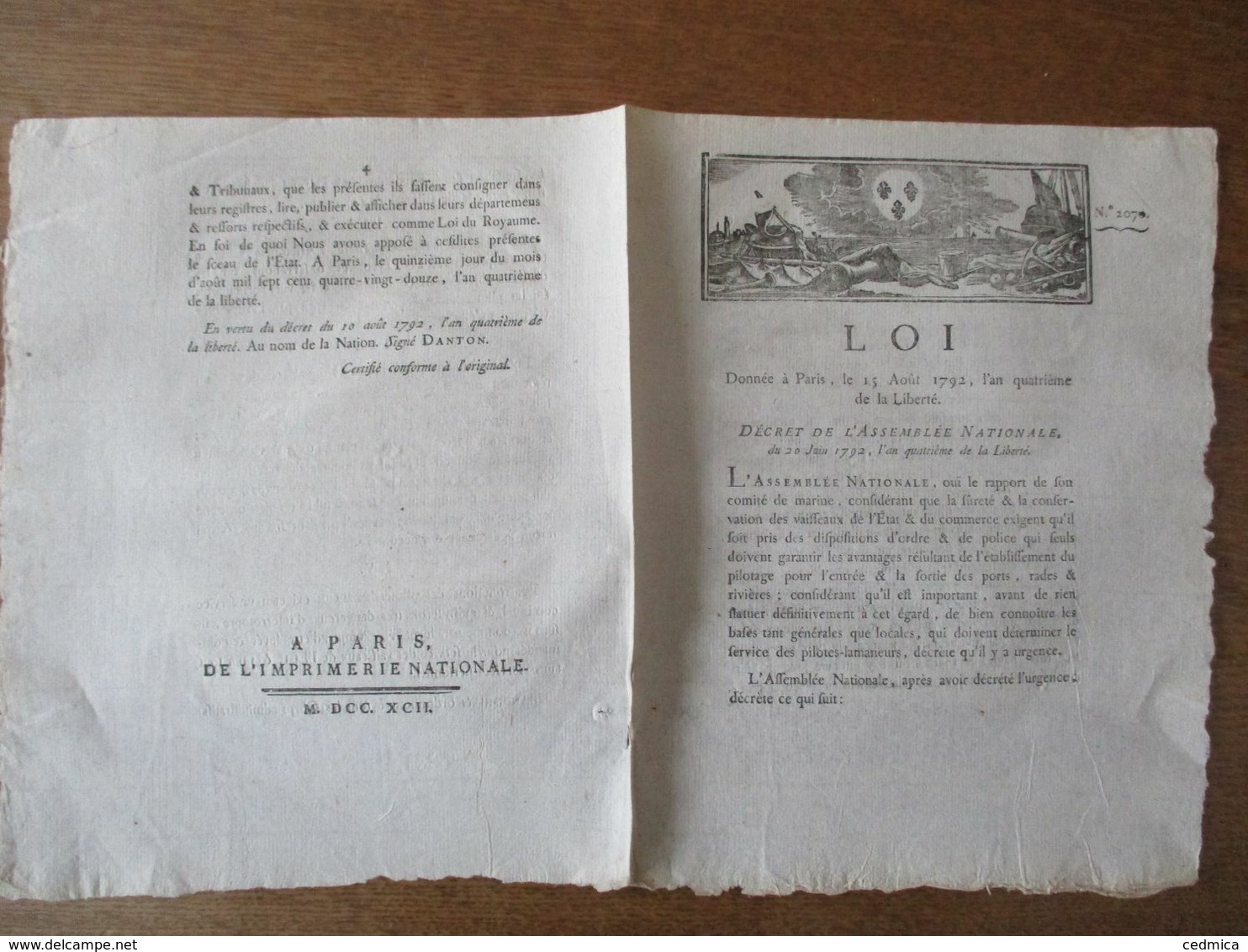 LOI DONNEE A PARIS LE 15 AOÛT 1792 DECRET DE L'ASSEMBLEE NATIONALE DU 20 JUIN 1792 COMITE DE MARINE VAISSEAUX DE L'ETAT - Gesetze & Erlasse