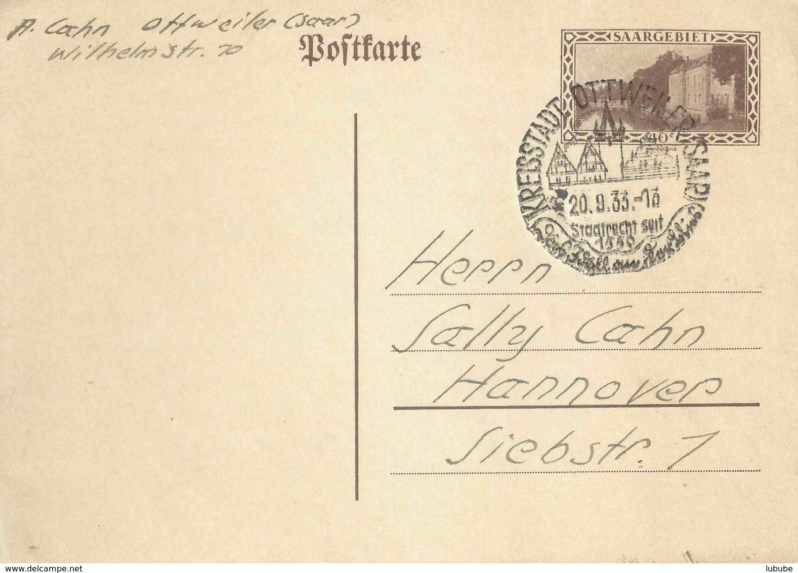 Postkarte  Ottweiler - Hannover         1933 - Postal Stationery