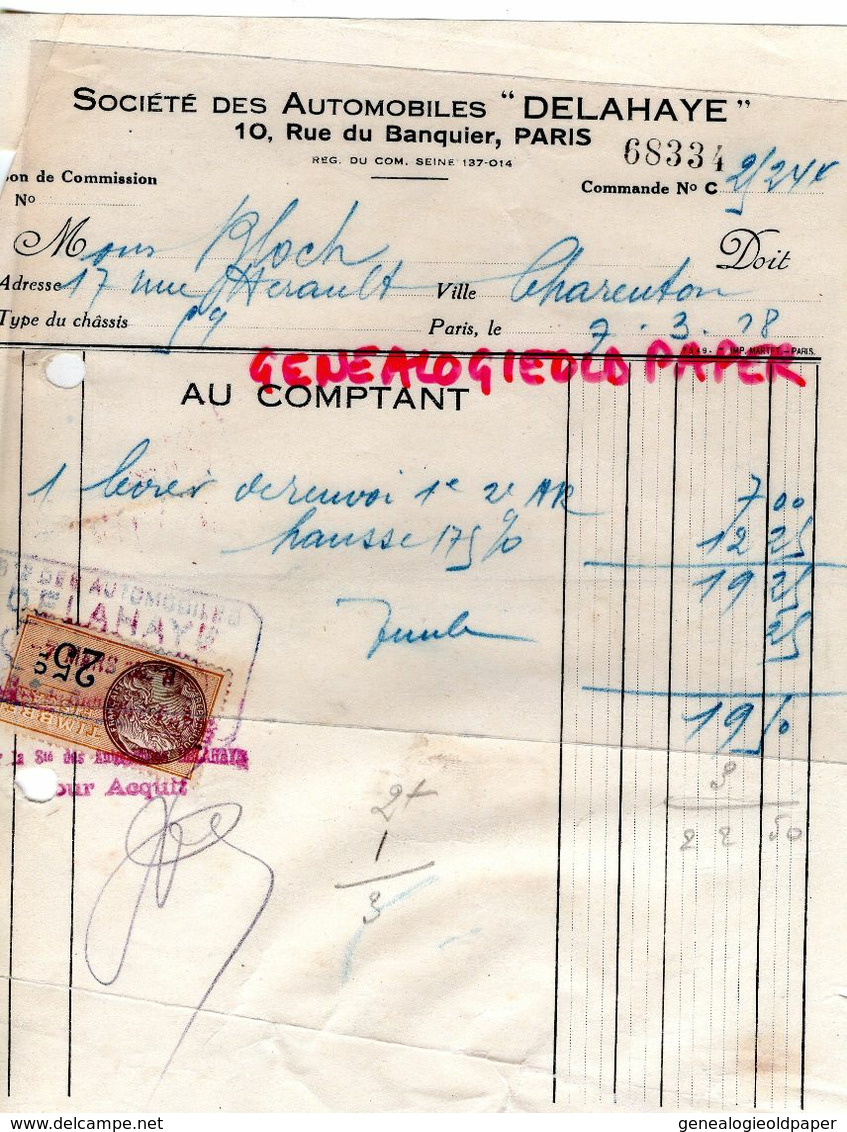 75- PARIS- FACTURE SOCIETE DES AUTOMOBILES DELAHAYE- 10 RUE DU BANQUIER- 1928 - Cars