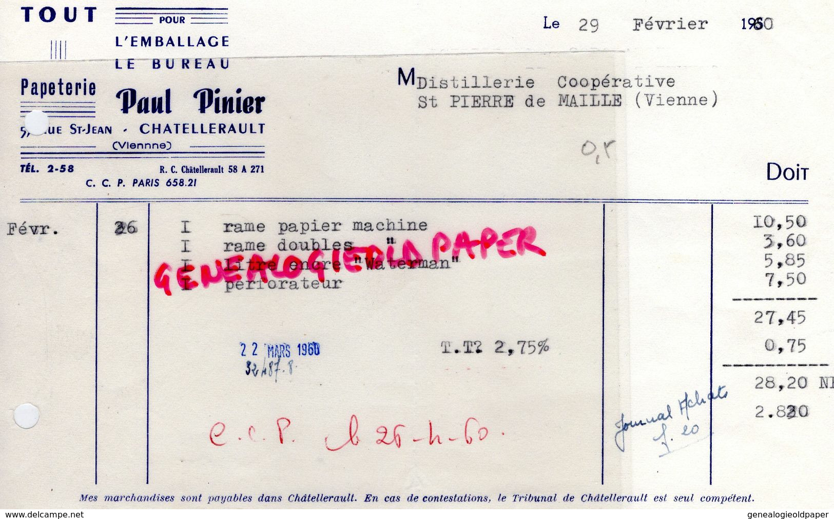 86- CHATELLERAULT- FACTURE PAUL PINIER- TOUT POUR L' EMBALLAGE BUREAU-PAPETERIE- 5 RUE SAINT JEAN-1960 - Druck & Papierwaren