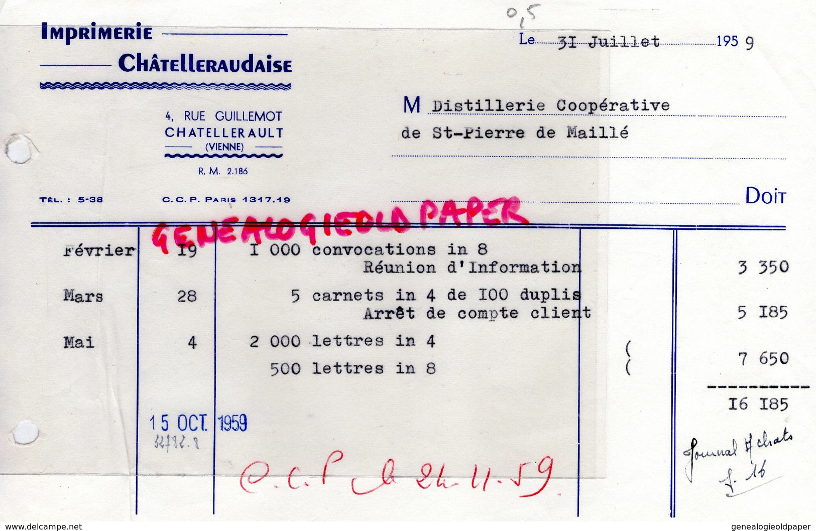 86- CHATELLERAULT- FACTURE IMPRIMERIE CHATELLERAUDAISE- 4 RUE GUILLEMINOT- 1959 - Printing & Stationeries
