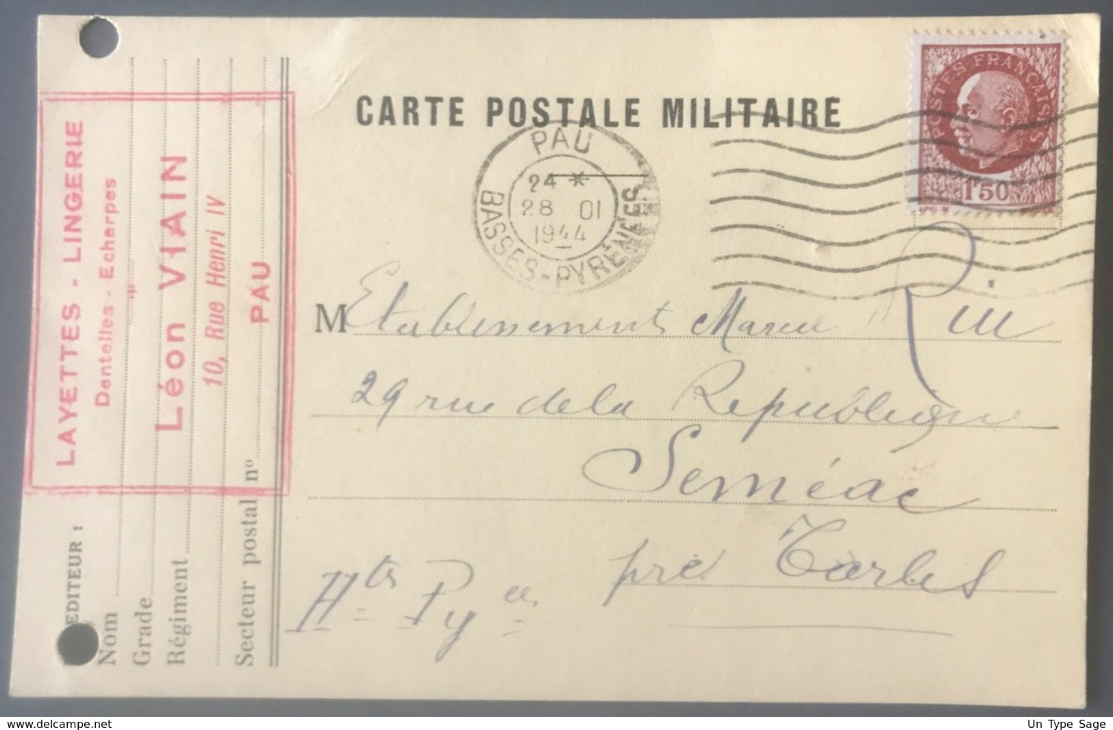 France N°517 Sur Carte Postale Militaire 28/01/1944 - (B2950) - 2. Weltkrieg 1939-1945