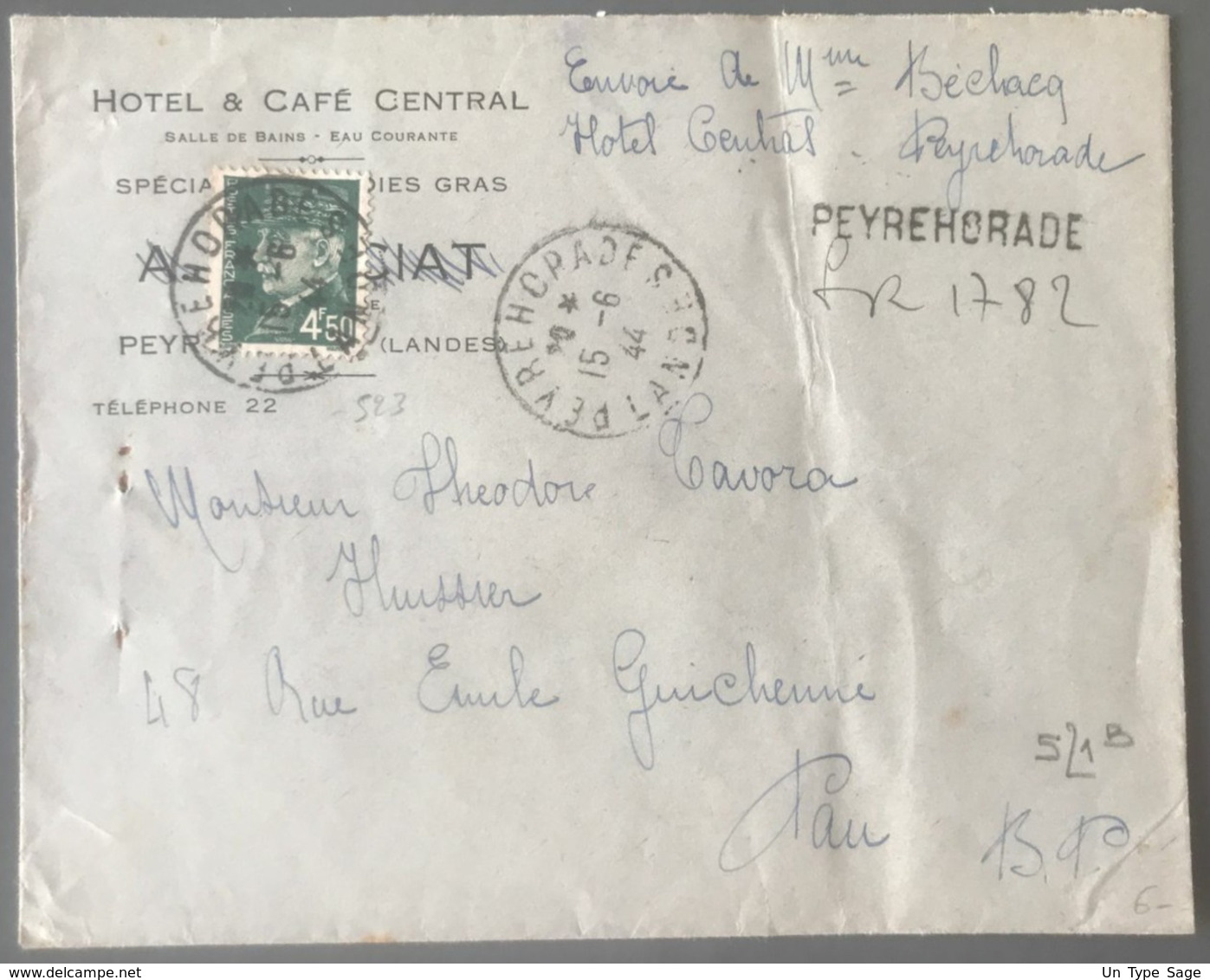 France N°521B Seul Sur Enveloppe, Griffe PEYREHORADE 15/06/1944 - (B2965) - Guerre De 1939-45