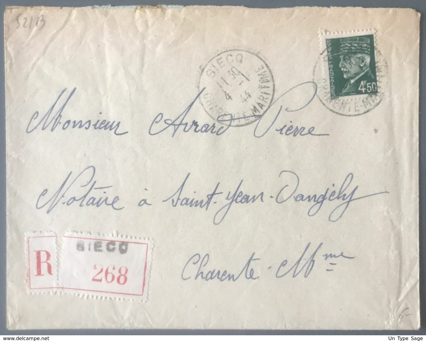 France N°521B Seul Sur Enveloppe Recommandée De SIECQ, Charente Maritime 4/1/44 - (B2966) - Guerre De 1939-45