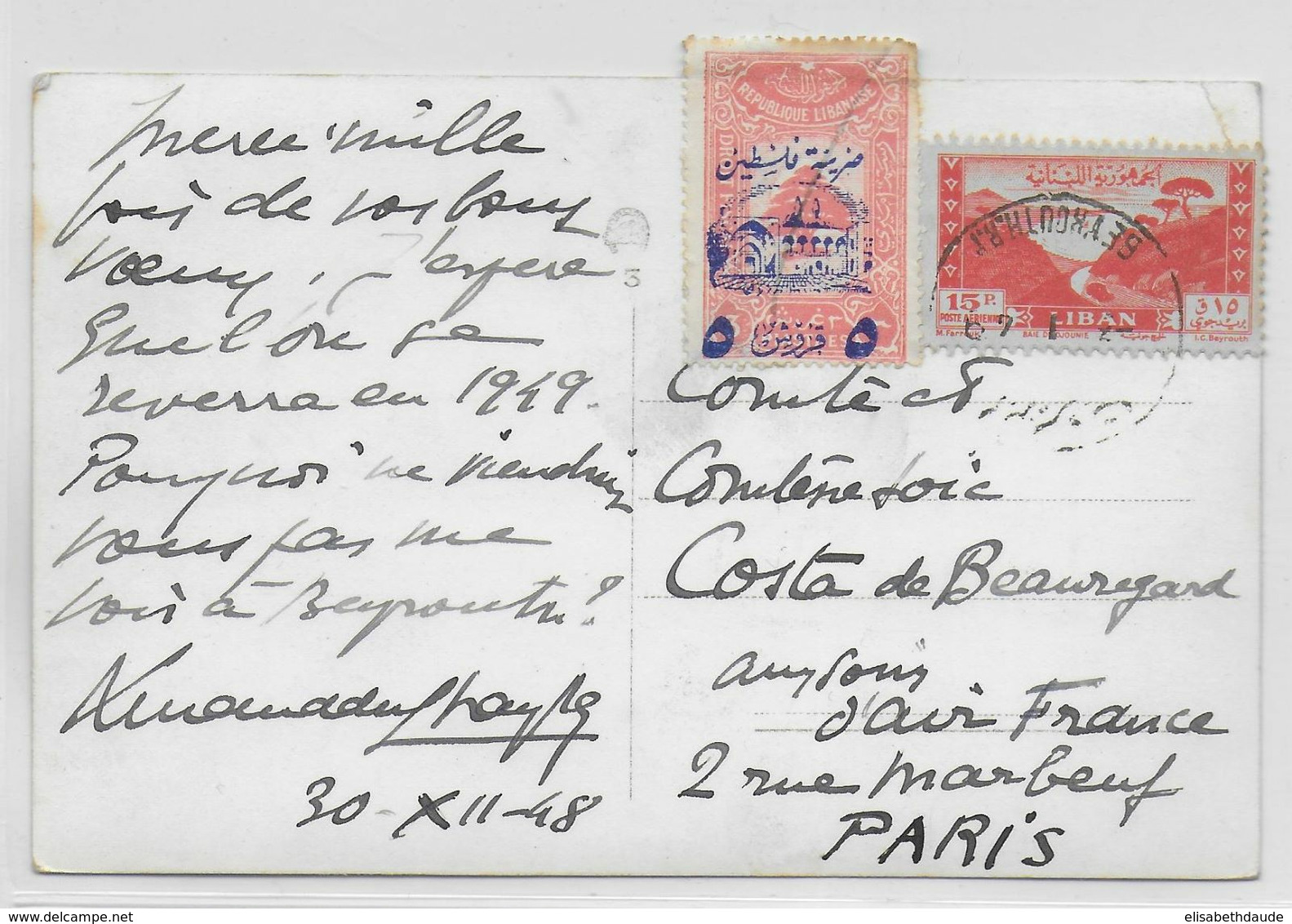 1948 - LIBAN - CARTE DE BEYROUTH Avec DROIT FISCAL => PARIS - Liban