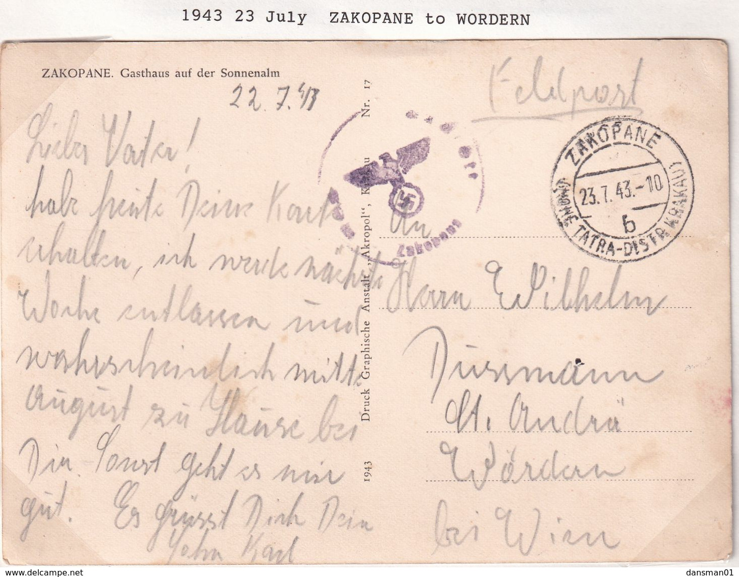 POLAND 1943 Zakopane Fieldpost Postcard - Gouvernement De Londres (exil)