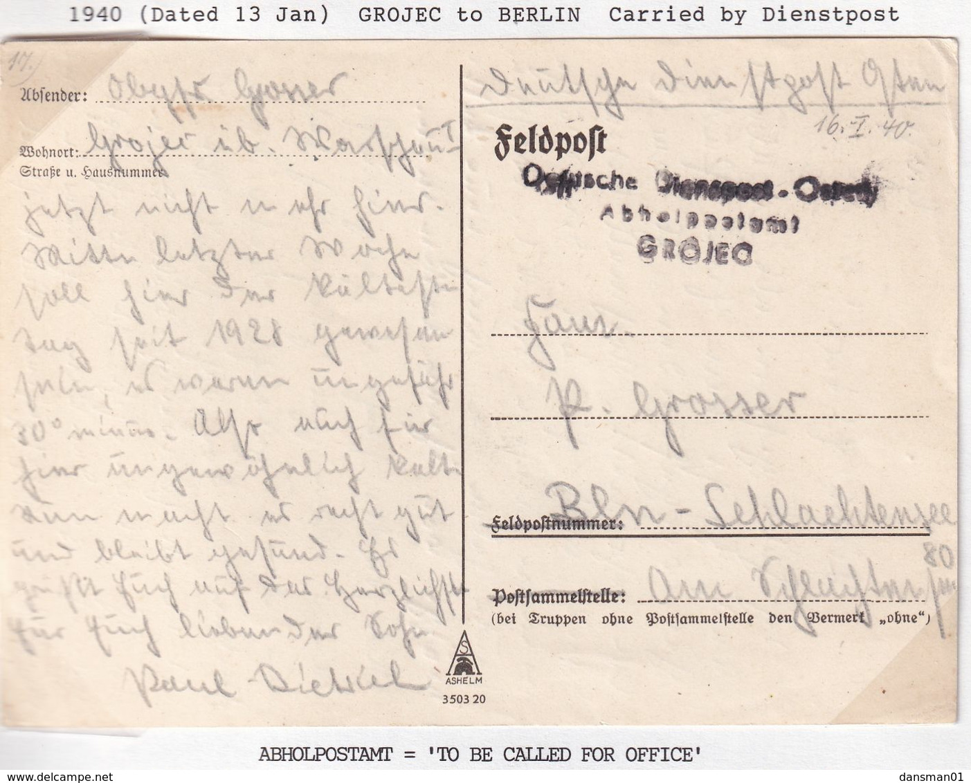 POLAND 1940 General Government Feldpost GROJEC To Berlin - Government In Exile In London