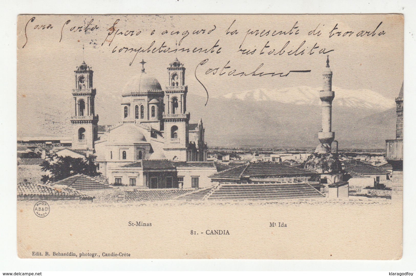 Candia Crete, St Minas & Mt Ida Old Postcard Travelled 190? Heraklion Pmk B200907 - Grèce