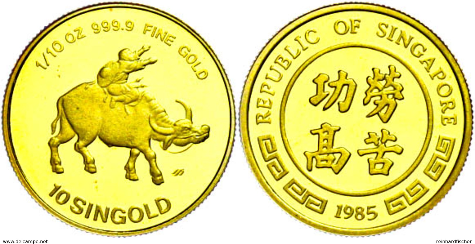 10 Singold, Gold, 1985, Ochse, 1/10 Oz, Wz. Flecken, PP.  PP - Singapore
