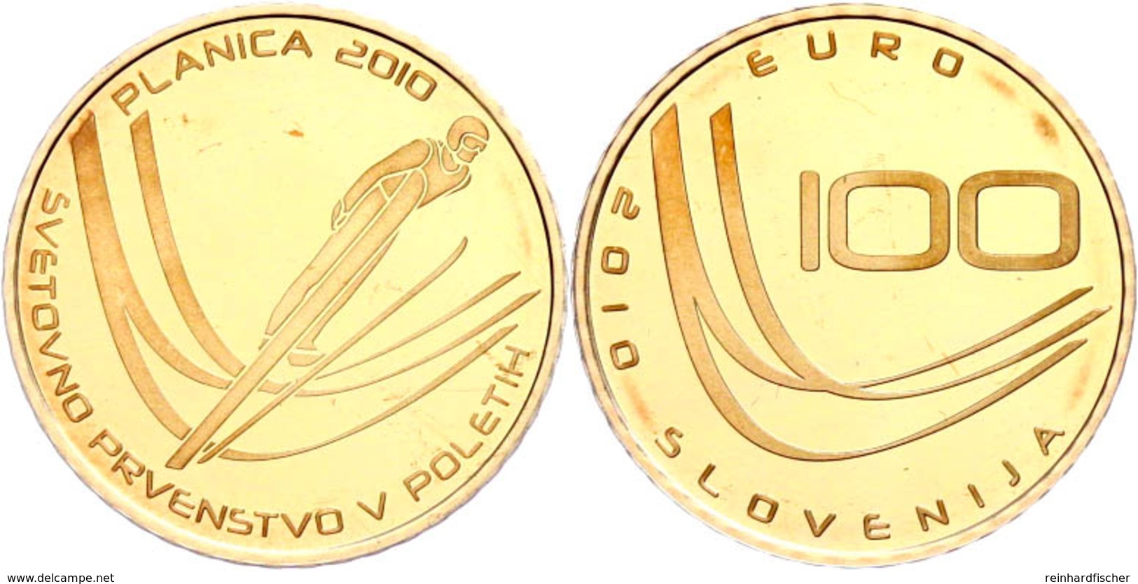 100 Euro, Gold, 2010, Skiflug-Weltmeisterschaft 2010 In Planica, Fb. 28, 900er Gold, 7 G,  In Kapsel, Mit Zertifikat In  - Eslovenia