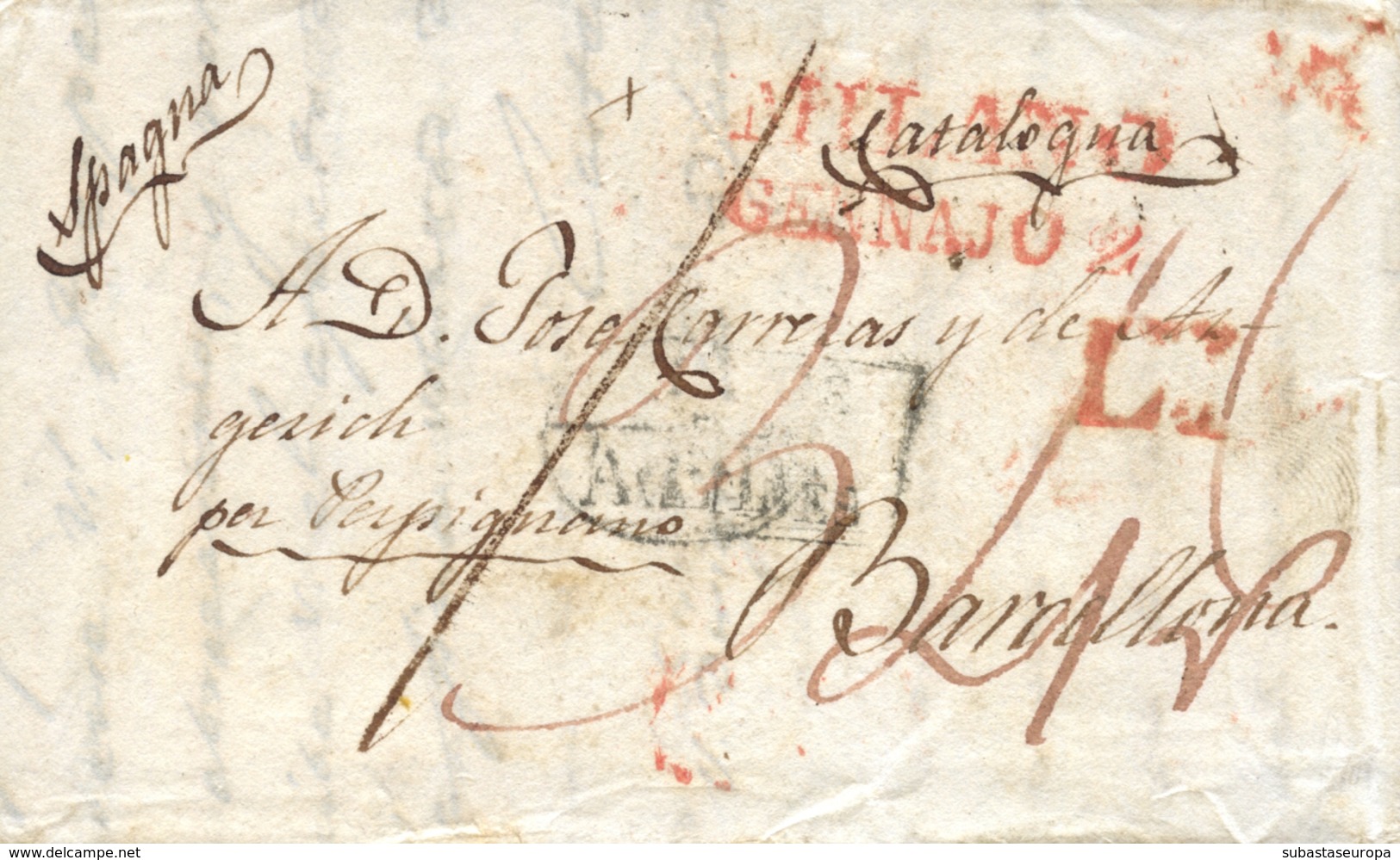 1836 (2 ENE). Carta De Milán A Barcelona. Marca "MILANO/GENNAJO 2" En Rojo Y Dos Marcas De Tránsito. Porteo Mms. "34" Re - ...-1850 Préphilatélie