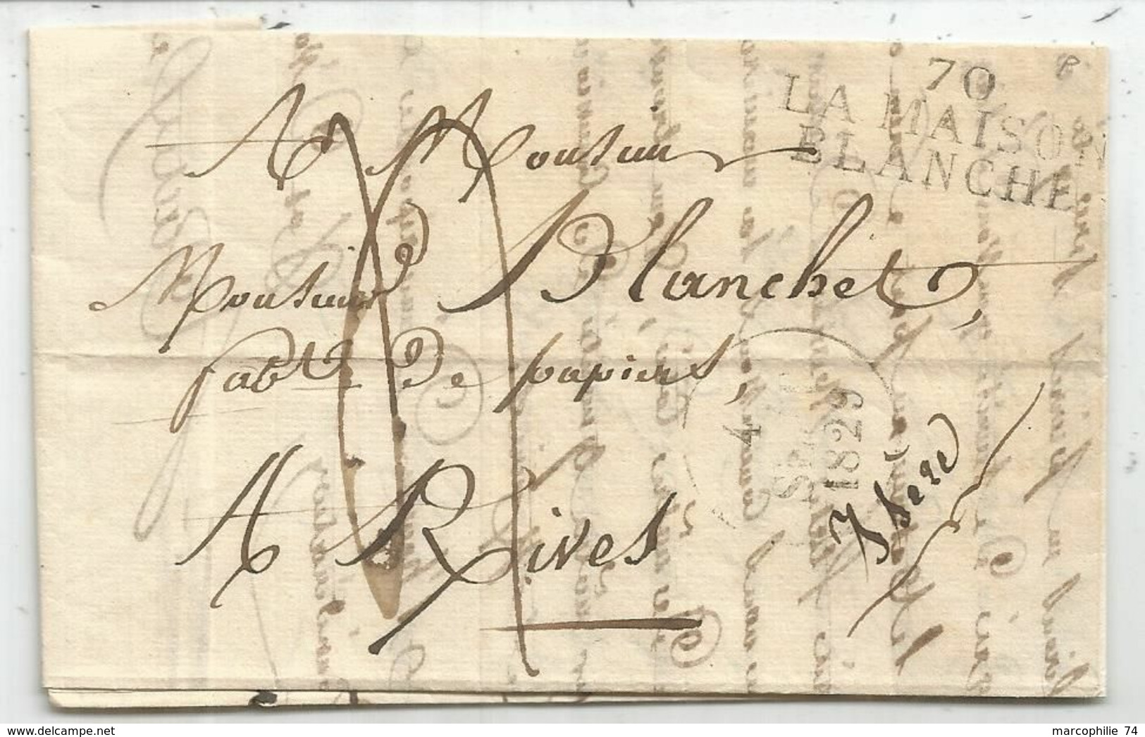 SAONE ET LOIRE MARQUE 70 LA MASION BLANCHE 1828  DATEUR LETTRE POUR RIVES ISERE - 1801-1848: Precursores XIX