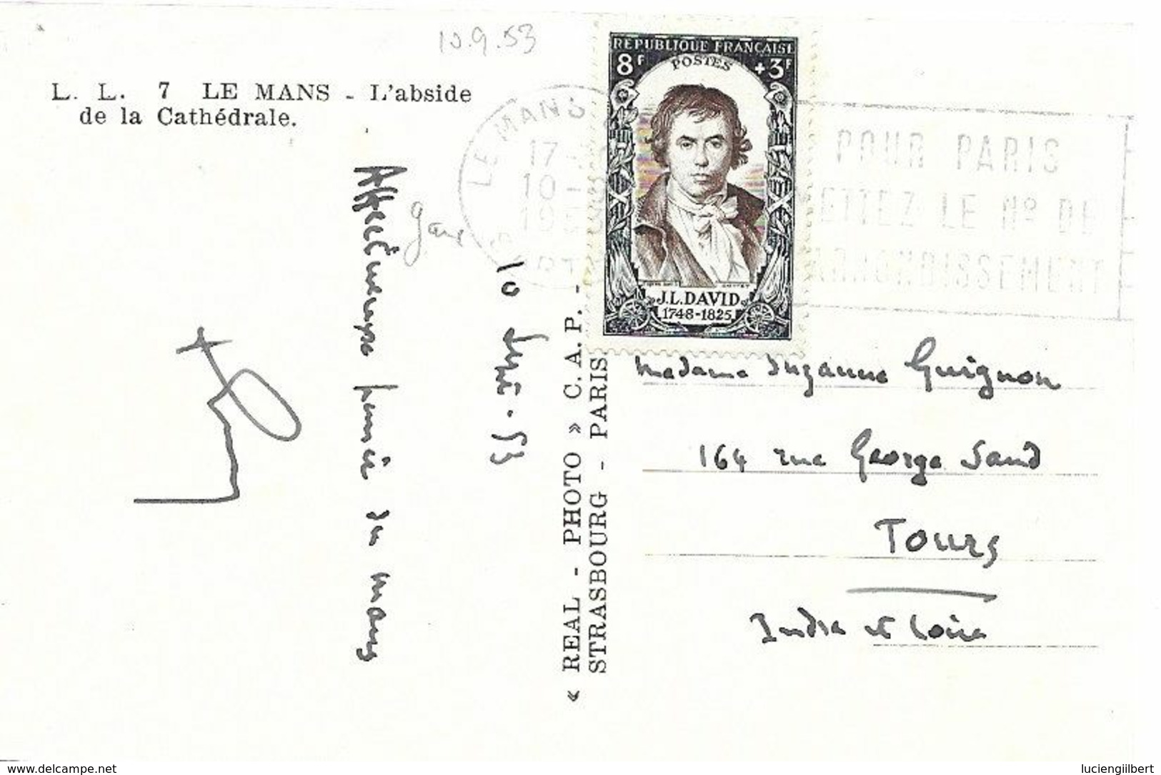 TIMBRES N° 868    -  CELEBRITES J. L. DAVID - SEUL SUR LETTRE  - TARIF 6 1 49 - FLAMME LE MANS GARE  -  1953 - 1921-1960: Moderne