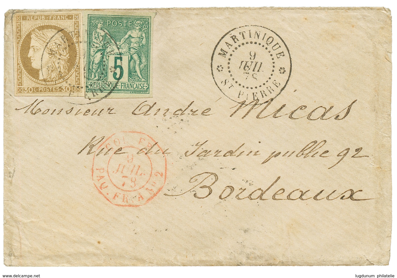 1878 CG 30c CERES + 5c SAGE TTB Margés Obl. MARTINIQUE ST PIERRE Sur Env. Pour BORDEAUX. Affrt à 35c. TTB. - Sonstige & Ohne Zuordnung