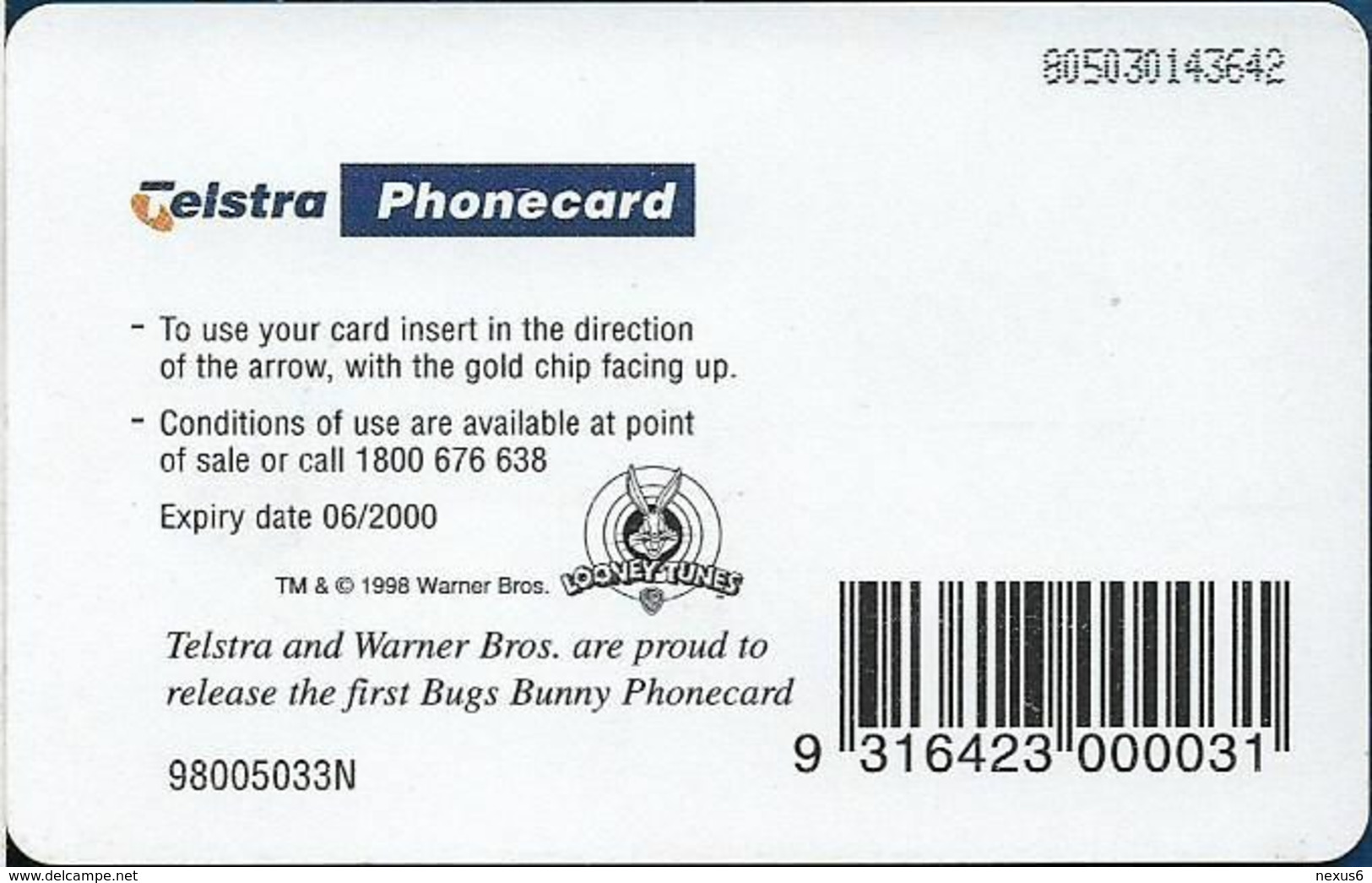 Australia - Telstra (Chip) - N Series 1998 Looney Tunes - Bugs Bunny, Exp. 06.2000, 5$, Used - Australia