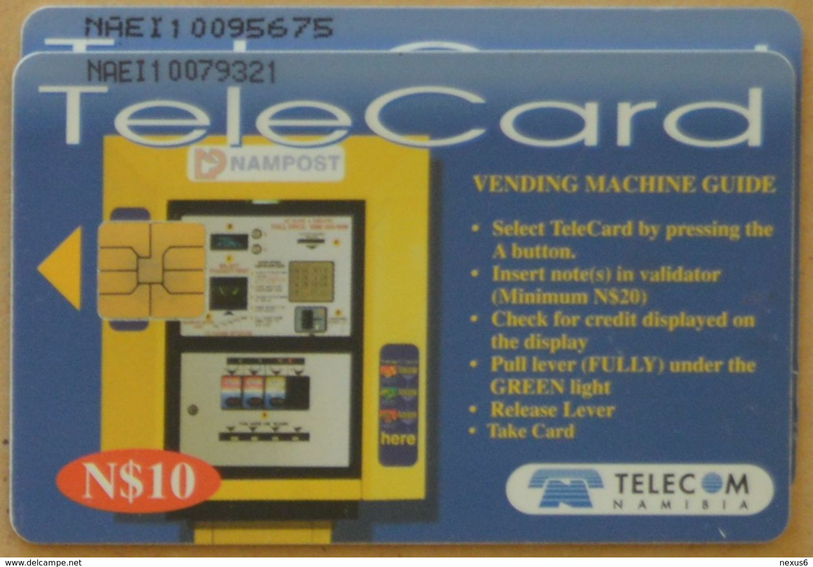 Namibia - Telecom Namibia - Vending Machine (FV Red), (2 Different CN. Short & Long), Solaic, 2000, 10$, Used - Namibie