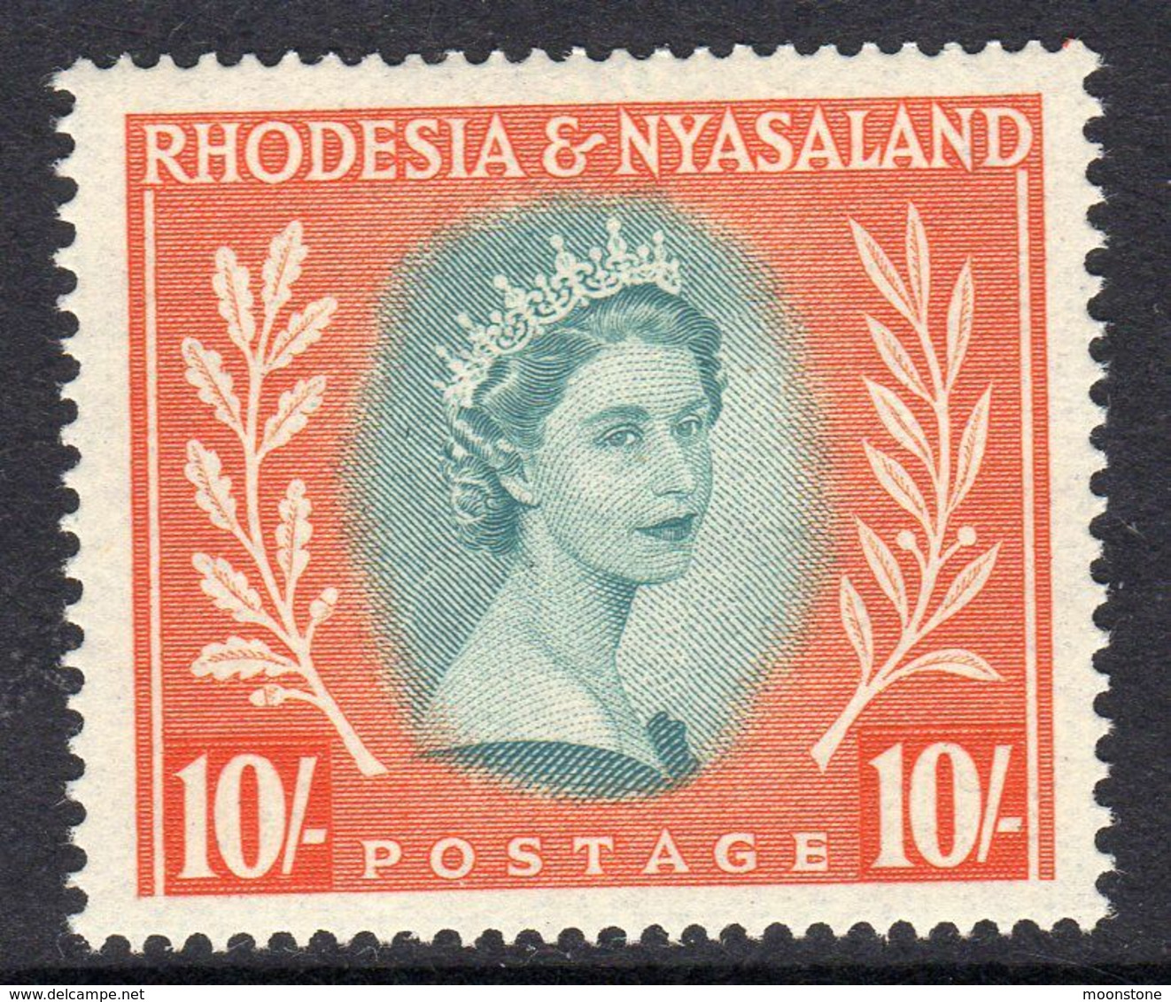 Rhodesia & Nyasaland 1955 10/- Blue-green & Orange Definitive, Very Lightly Hinged Mint, SG 14 (BA) - Rhodesien & Nyasaland (1954-1963)