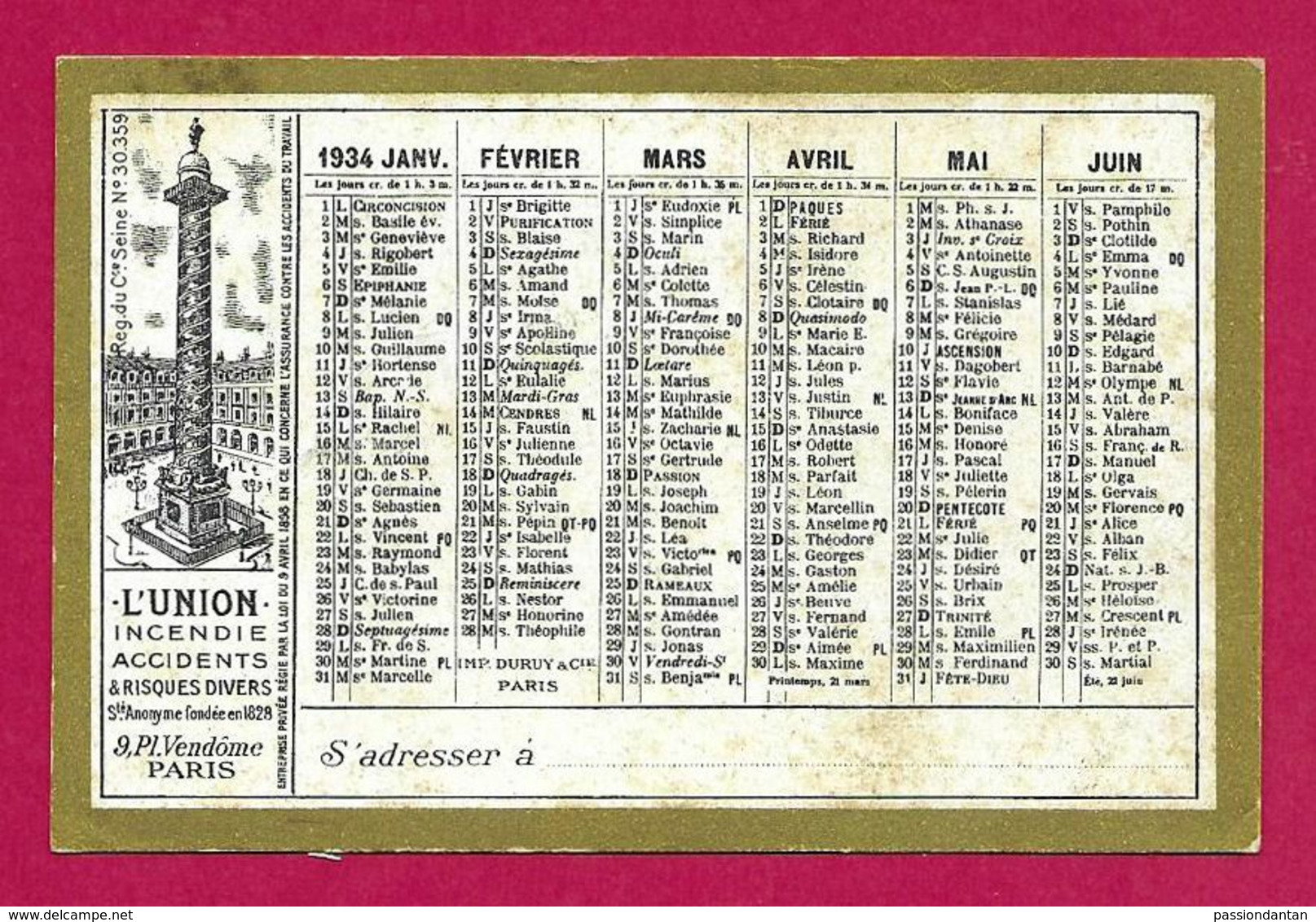 Calendrier De L'année 1934 - Compagnie D'assurance L'Union Sise Place Vendôme à Paris - Kleinformat : 1921-40