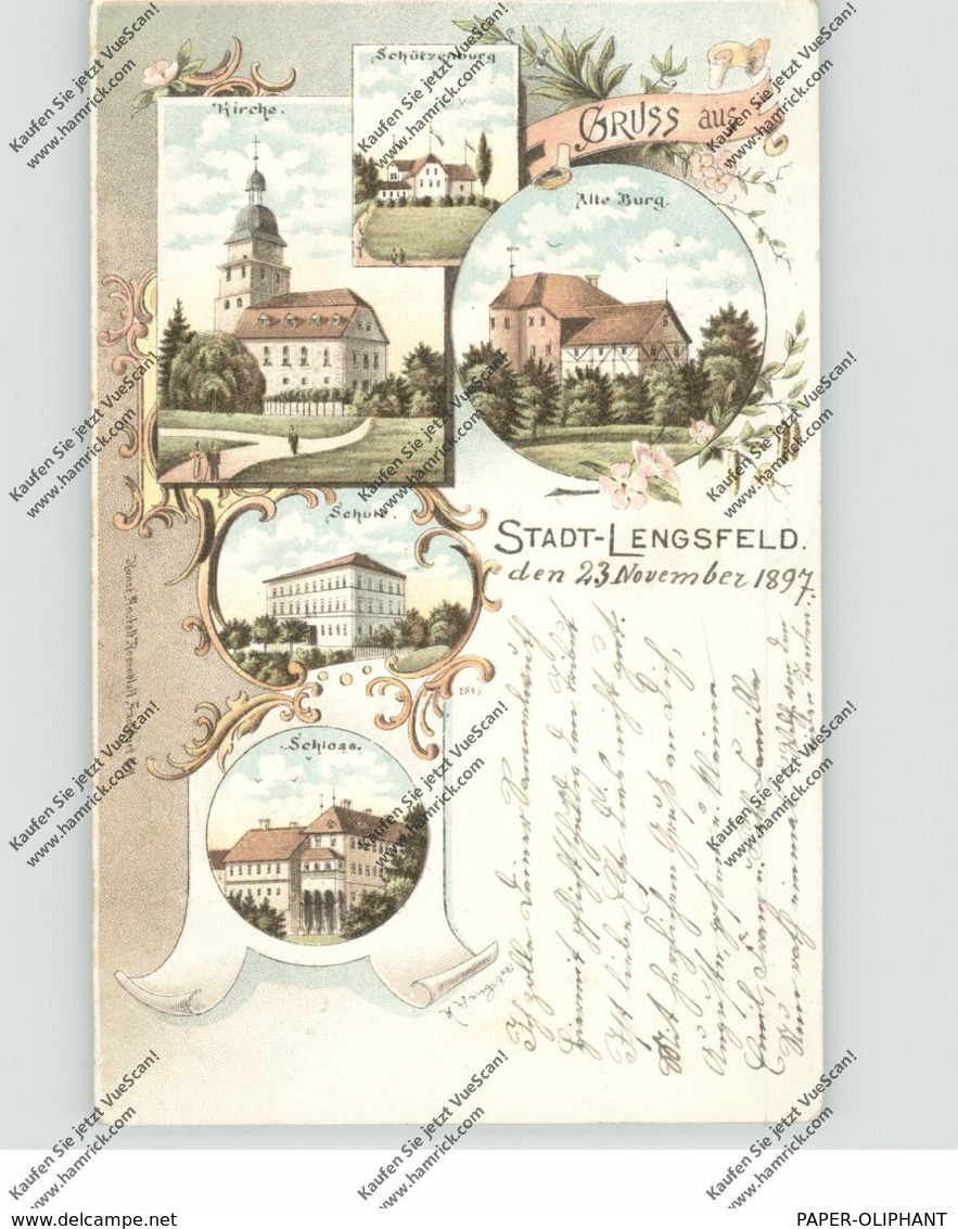 0-6205 DERMBACH - STADTLENGSFELD, Lithographie 1897, Schützenburg, Alte Burg, Schule, Kirche, Schloß - Bad Salzungen