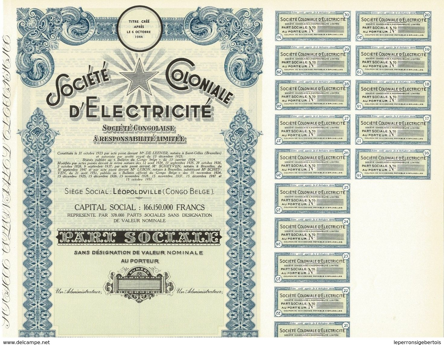 Titre Ancien - Société Coloniale D' Electricité - Société Congolaise à Responsabilité Limitée - Titre De 1951 - Africa