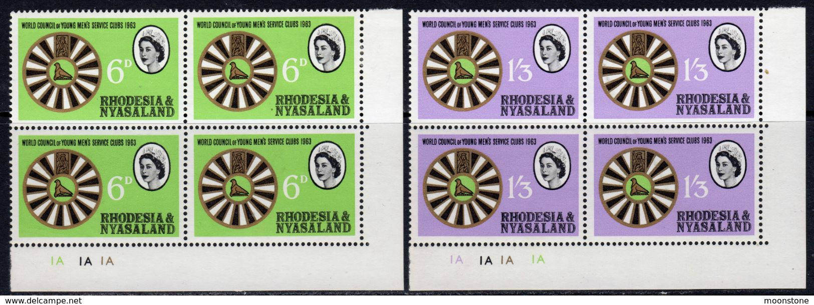 Rhodesia & Nyasaland 1963 Young Mens Clubs Set Of 2, Plate Blocks Of 4, MNH, SG 48/9 (BA) - Rhodésie & Nyasaland (1954-1963)