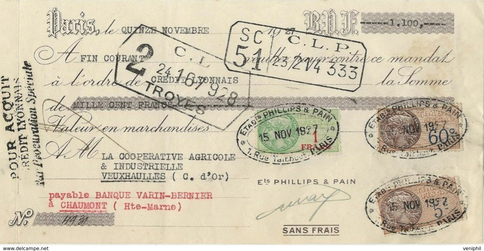 TRAITE ETABLISSEMENT PHILLIPS ET PAIN -PARIS- ANNEE 1927 - Wissels