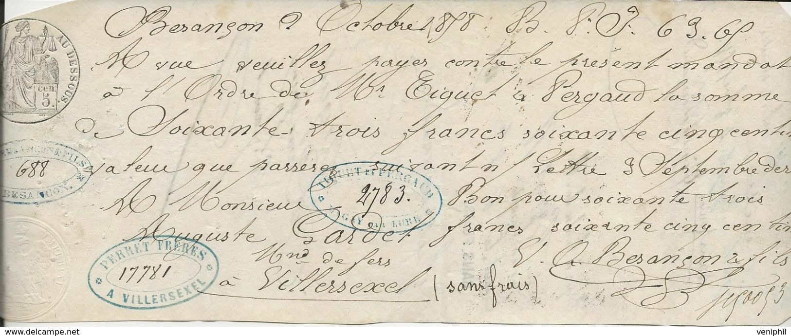 LETTRE DE CHANGE PERRET FRERES A VILLERSEXEL -HTE SAONE -ANNEE 1858 - Letras De Cambio