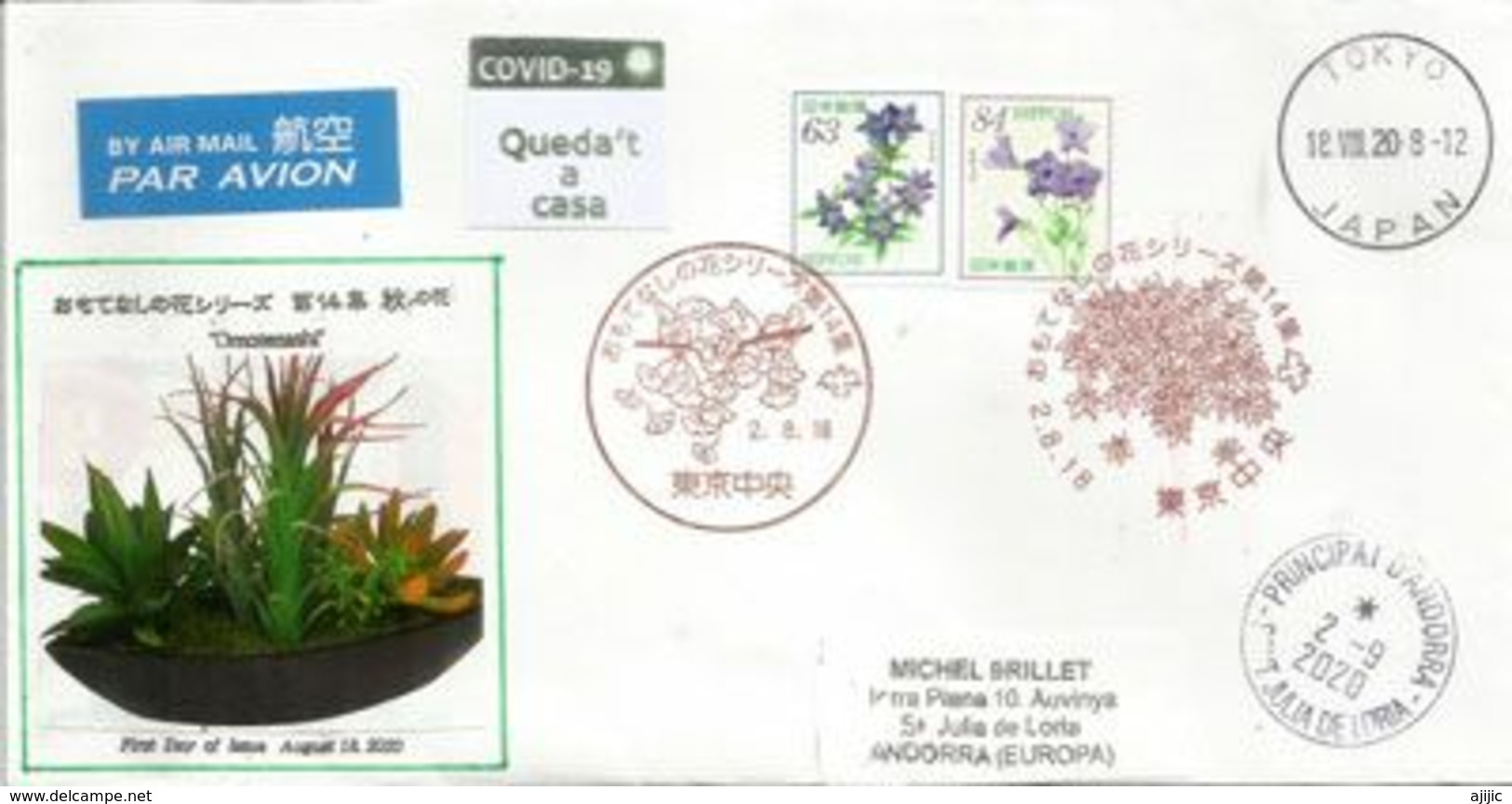 Japanese Hospitality "Omotenashi" COVID19 Lockdown, Sent Andorra, W/ Prevention Calatan Label "Queda't A Casa" STAY HOME - Storia Postale