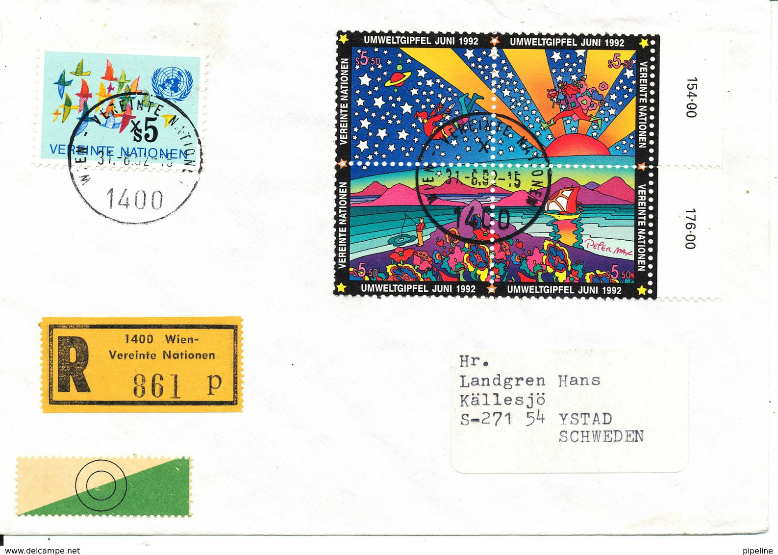 Austria UN Vienna Very Good Franked Registered Cover Sent To Sweden Wien 31-8-1992 - Covers & Documents