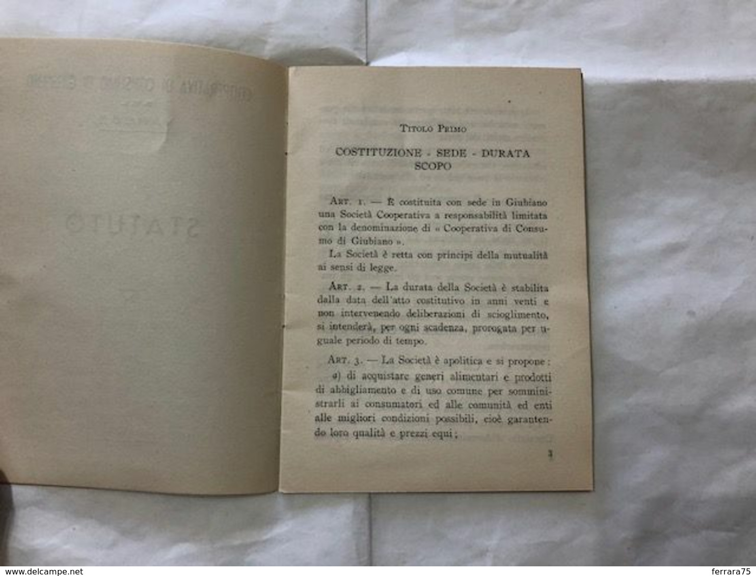 VARESE COOPERATIVA DI CONSUMO DI GIUBIANO S.R.L. STATUTO 1949. - A Identifier