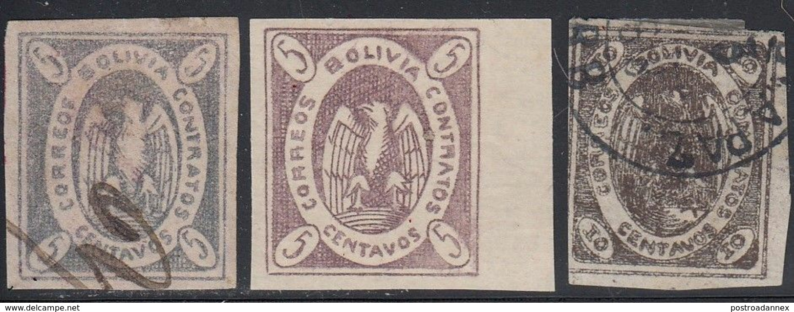 Bolivia, Scott #2-4 Forgeries, Used/Mint Hinged, Condor, Issued 1867 - Bolivia