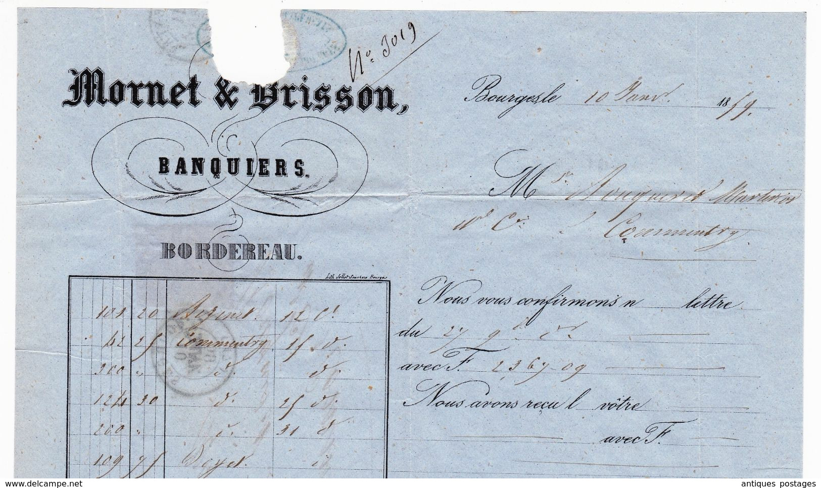 Lettre Bourges Cher 1859 Commentry Allier Mornet & Brisson Banque Banquier Napoléon III 40 Centimes