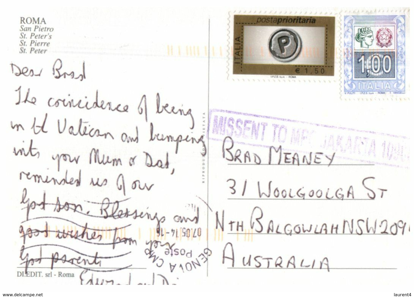 (M 21) Italy Posed To Australia (but Mssent To Jakarta) (with Stamp) Roma - San Pietro