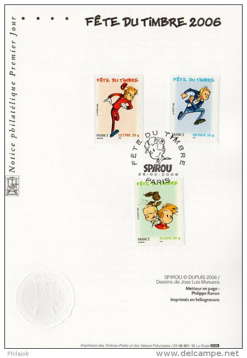 &#9989; " FDT 2006 : SPIROU " Sur Notice Officielle 1er Jour De 2006. N° YT 3877 à 3879. Parfait état. FDC - Bandes Dessinées