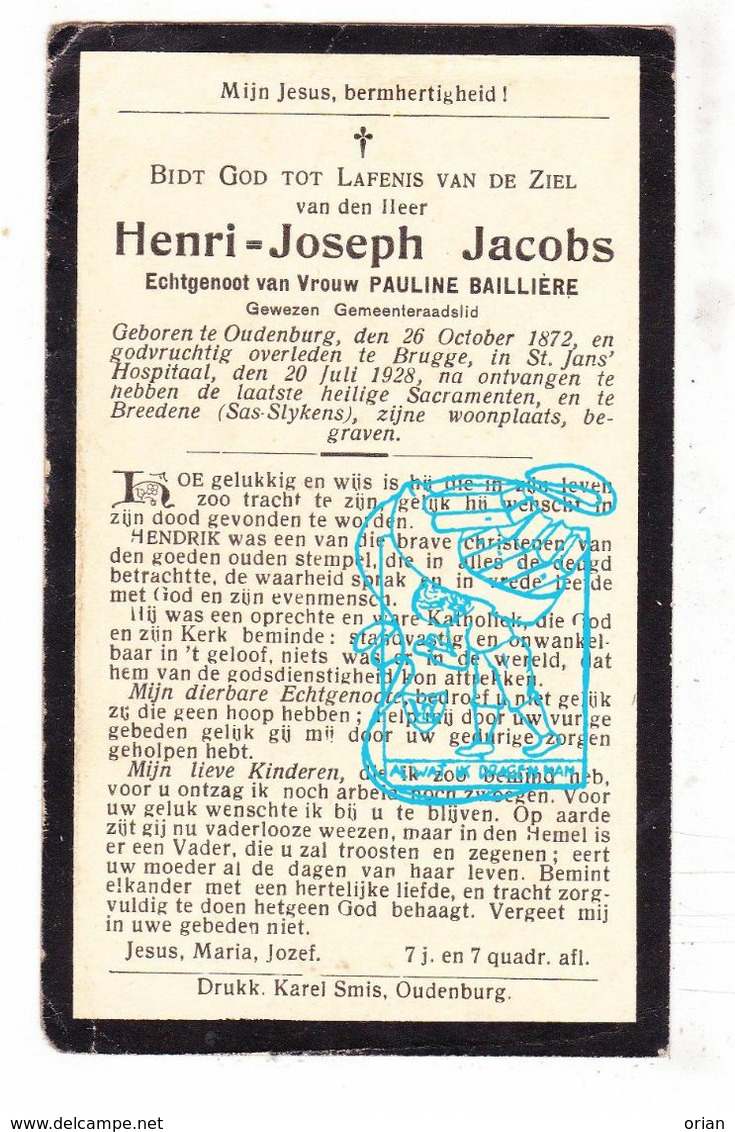DP Gemeenteraadslid - Henri Joseph Jacobs ° Oudenburg 1872 † Brugge 1928 X Pauline Baillière / Begr Sas-Slijkens Bredene - Images Religieuses