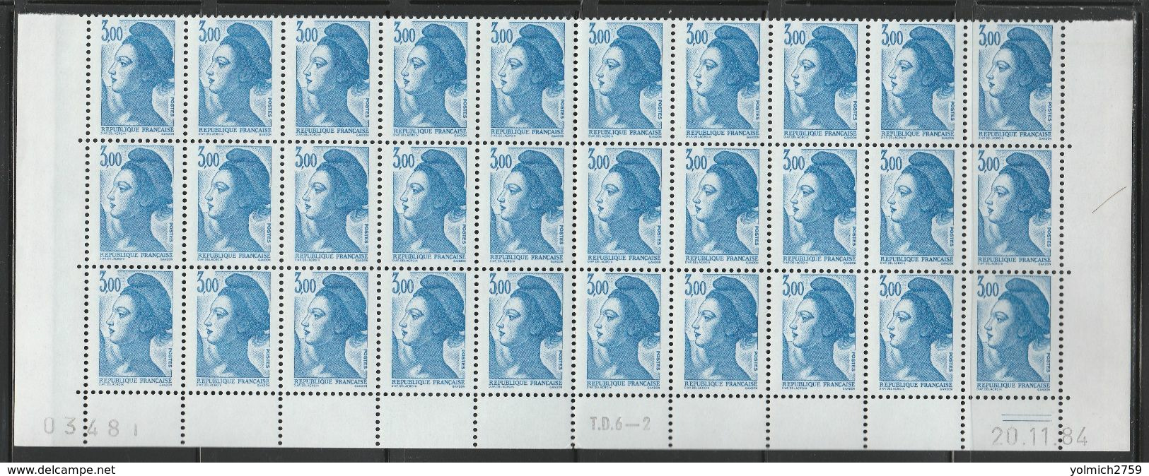 2320  3f. BLEU  - LIBERTE De GANDON - BAS De FEUILLE De 30- TD6-2 Du 20.11.84 - BLEU S/ FOND BLEUTE (défaut Essuyage) - 1982-1990 Liberty Of Gandon